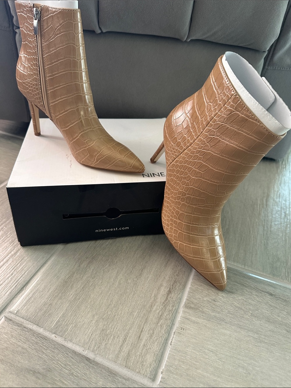 Nine West Crocodile-Embossed Tan Pointed Toe Stiletto Ankle Boots